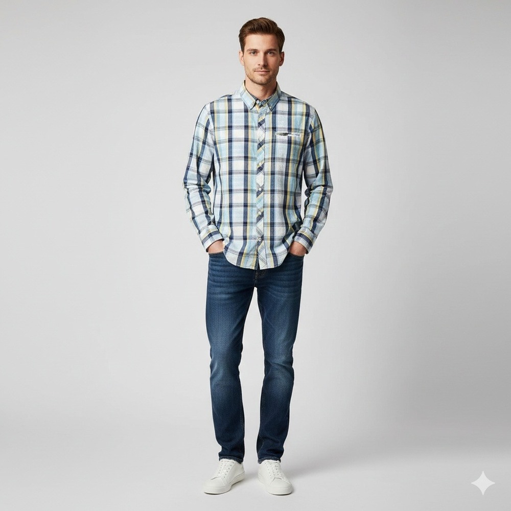 Helly Hansen Mens L G‎ Plaid Long Sleeve Button Down Shirt Blue Yellow White